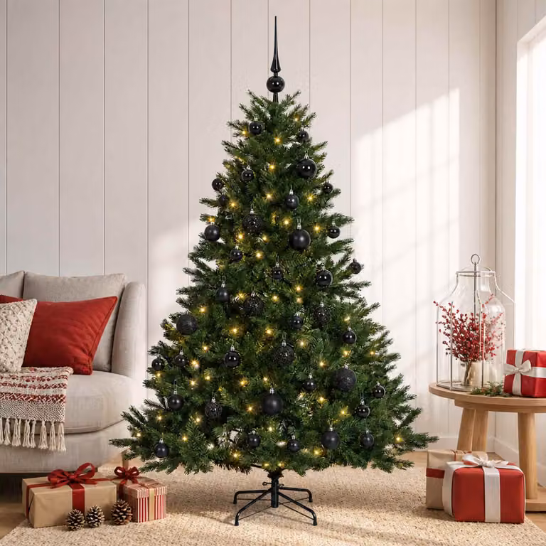 Albero di Natale artificiale verde vidaXL con 150 LED luce bianca calda e decorazioni con palline, Altezza: 120 cm