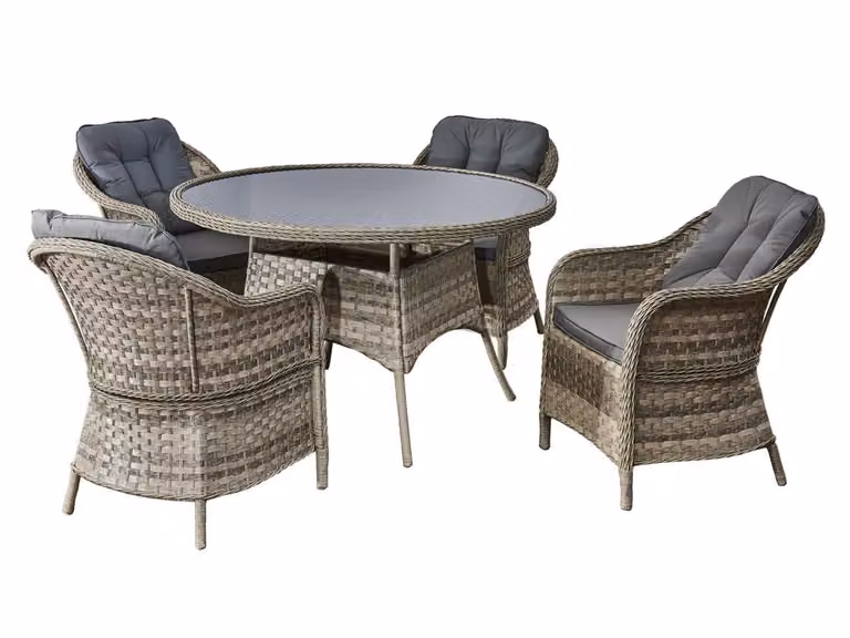 Bello Giardino | Set da giardino Moderno - Colore beige - 4 posti - Resistente alle intemperie - Tavolo rotondo + 4 sedie