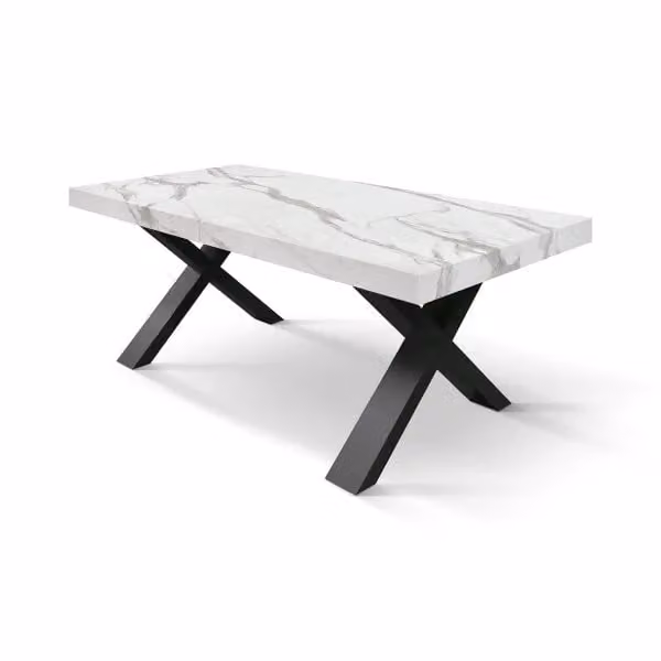 Tavolo AMALFI in legno effetto bianco statuario e gambe incrociate bianche, allungabile 160×90 cm - 240×90 cm