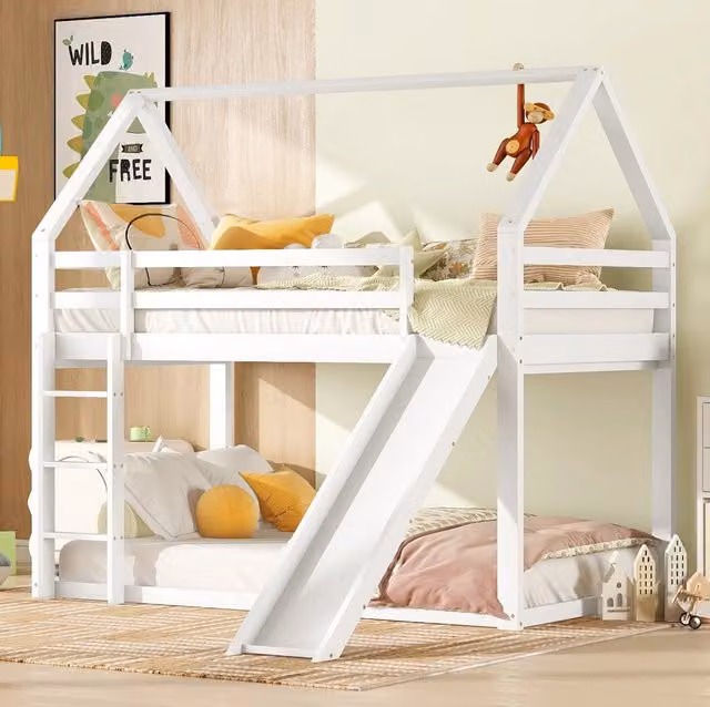 Letto a castello a forma di casa con scivolo e scala; 90 x 200 cm; bianco