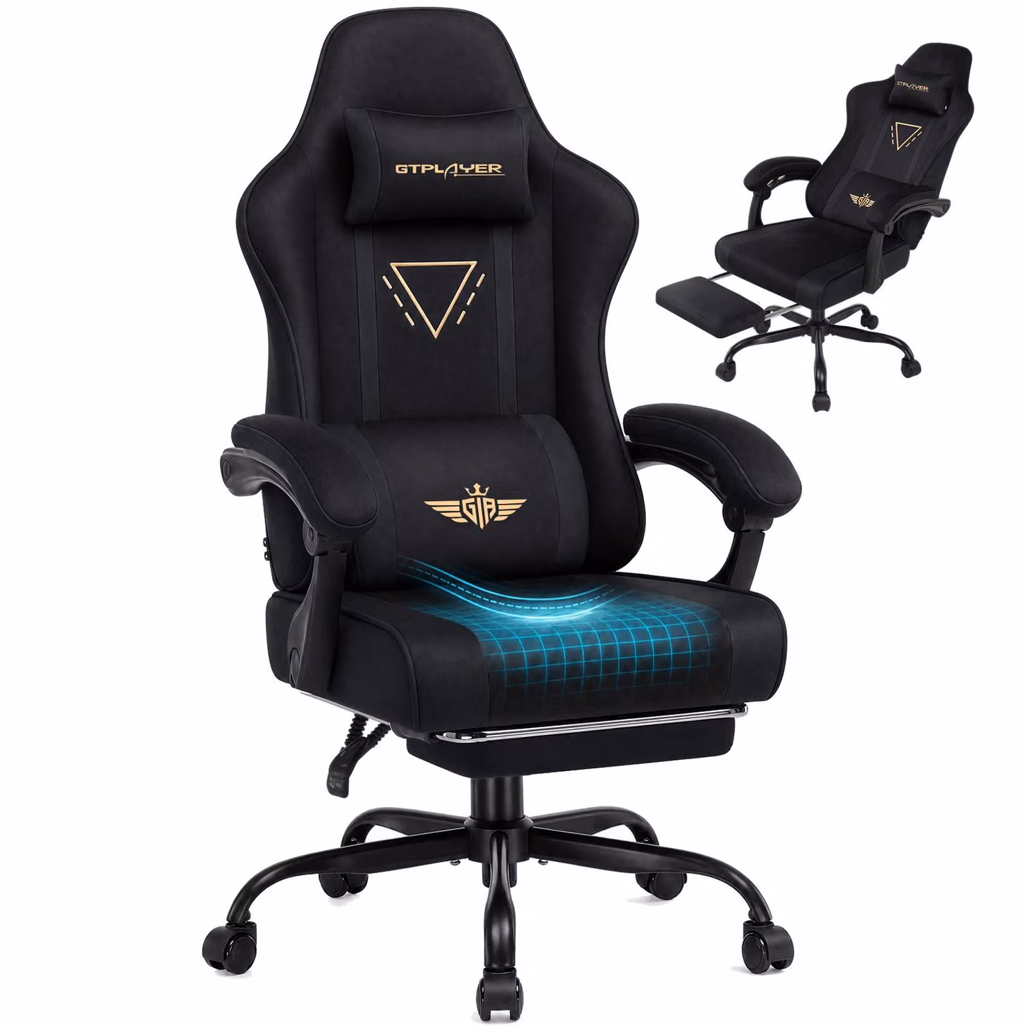 Sedia da gaming GTPLAYER, ergonomica, con rivestimento in tessuto, cuscino imbottito a molle, braccioli regolabili e poggiapiedi, capacità di carico fino a 150 kg