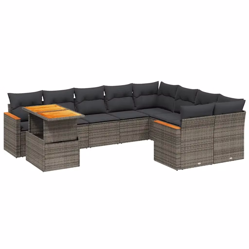 vidaXL Set Divano da Giardino 10 pz in Polyrattan e Legno di Acacia Oliato con Cuscini Grigio – 2