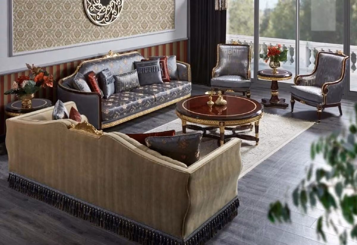 Casa Padrino Set da salotto barocco Beige / Blu / Marrone scuro / Oro - 2 divani & 2 poltrone & 1 tavolino & 2 tavolini - Mobili da salotto fatti a mano in stile barocco - Nobile e magnifico