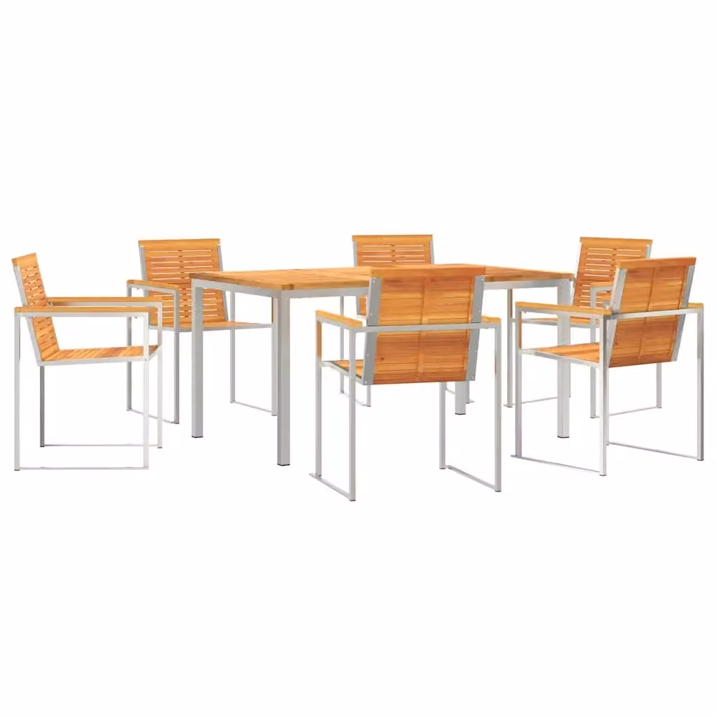 Set da pranzo per giardino e terrazzo vidaXL in legno di acacia e acciaio inossidabile, 7 pezzi, marrone e argento, L: 150 cm, P: 75 cm, H: 59 cm – 2