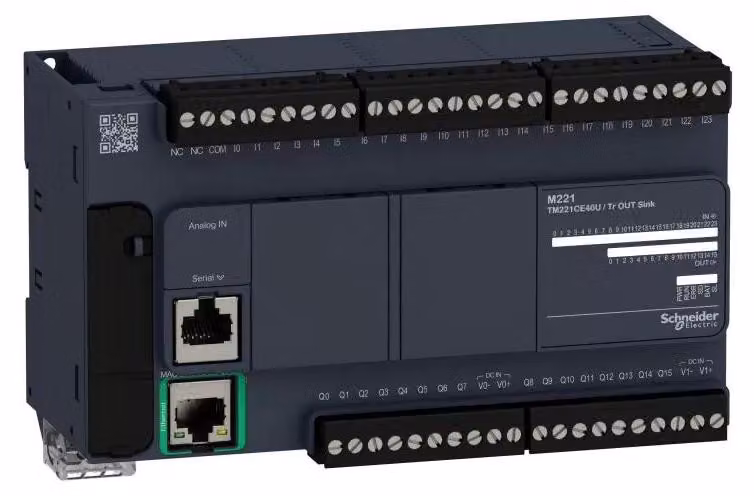 Controllore PLC Schneider Electric, Modicon M221, formato compatto, 40 I/O, Ethernet, Modbus, 24 V CC, transistor sink, morsetti a vite TM221CE40U