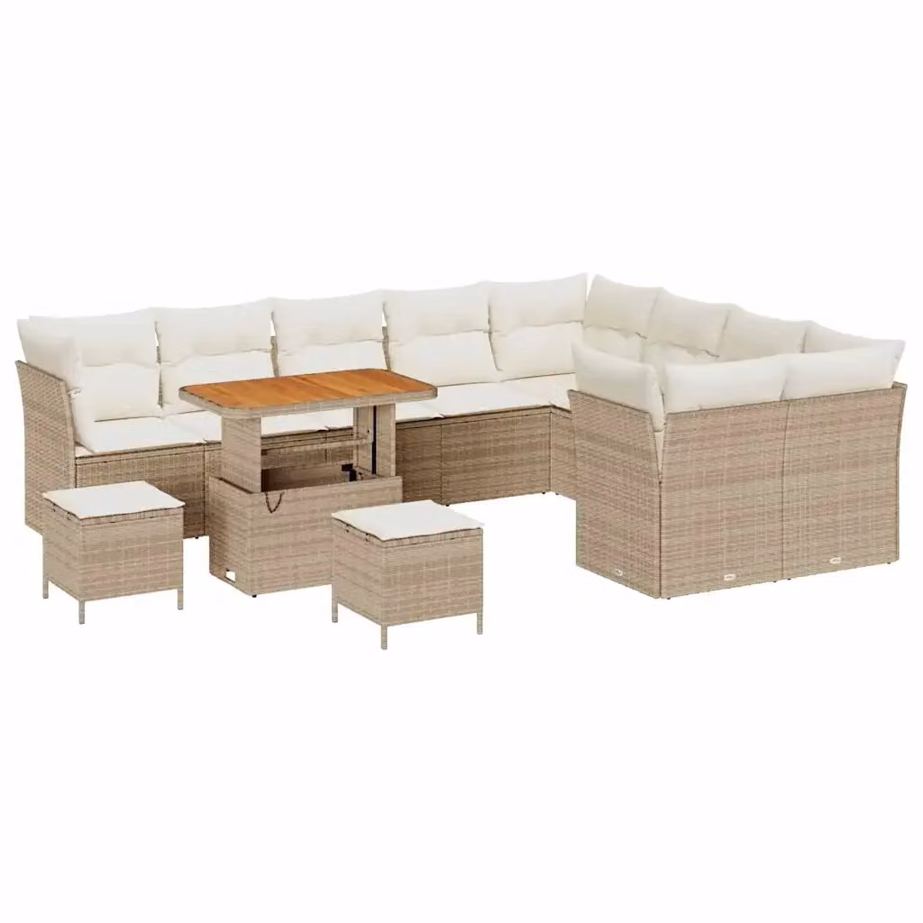 Set Divano da Giardino vidaXL 12 Pezzi a Forma di U Beige con Cuscini e Tavolino da Esterno in Polyrattan e Acciaio – 2