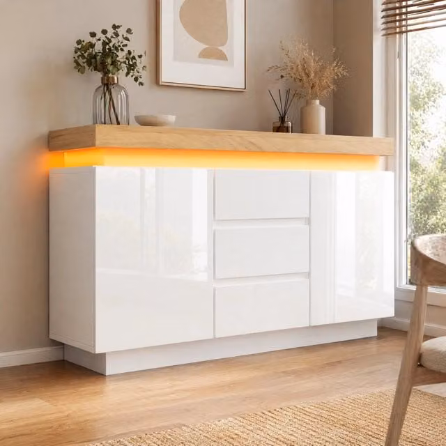 Madia moderna MIVRAY bianca con 2 ante, 3 cassetti, ripiani regolabili e illuminazione LED con app, L/P/H: 140 x 39 x 81 cm