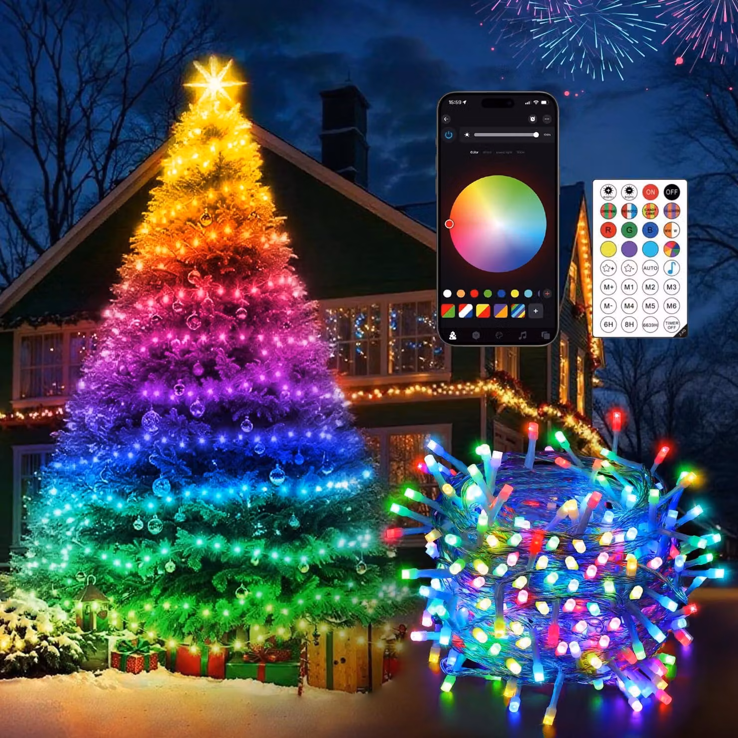 Catena luminosa LED da 30 metri, con 300 LED, controllo tramite app e telecomando, sincronizzazione con la musica, grado di protezione IP44