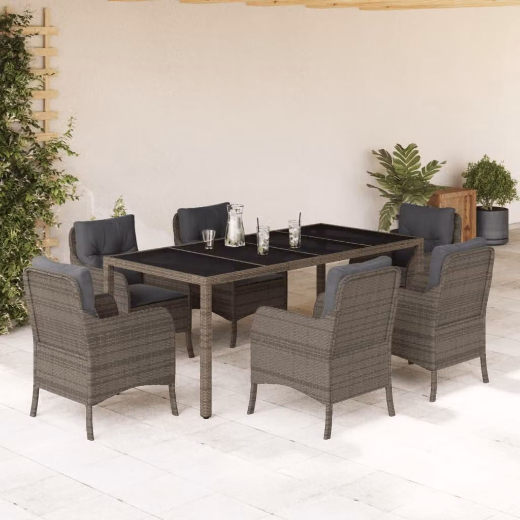 Set da Pranzo da Giardino vidaXL in Polyrattan e Vetro Grigio con 7 Pezzi e Cuscini – 1
