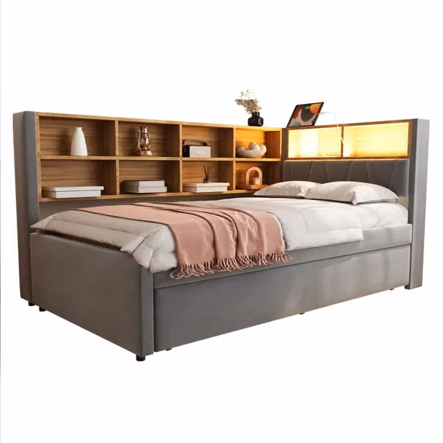 Letto divano moderno in tessuto grigio con letto estraibile, illuminazione LED, prese di ricarica USB e scomparti laterali, L/P/H: 200 x 90 x 103 cm – 1