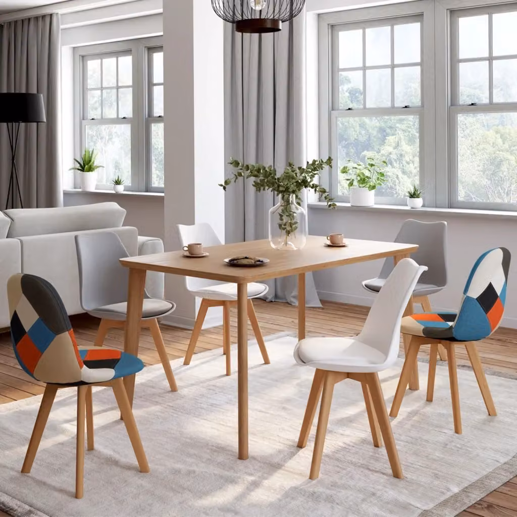 Set di 6 sedie SARA in stile scandinavo con design astratto, mix cromatico bianco, grigio chiaro e patchwork multicolore – 2