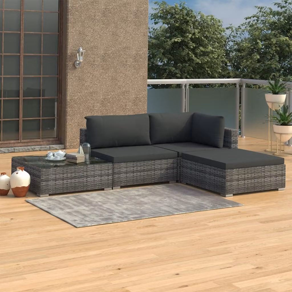 The Living Store Set salotto da giardino 4 pezzi con cuscini in poly rattan grigio