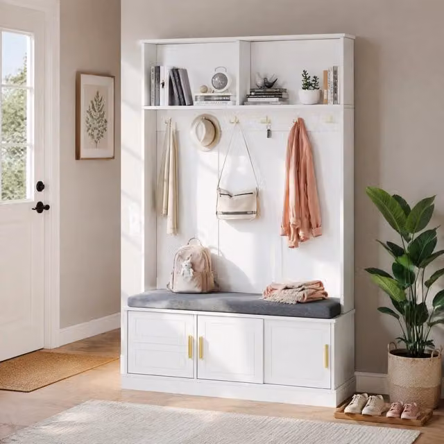 Appendiabiti da ingresso ULEVR 120x40x191 cm con panca, scarpiera e 6 ganci, bianco