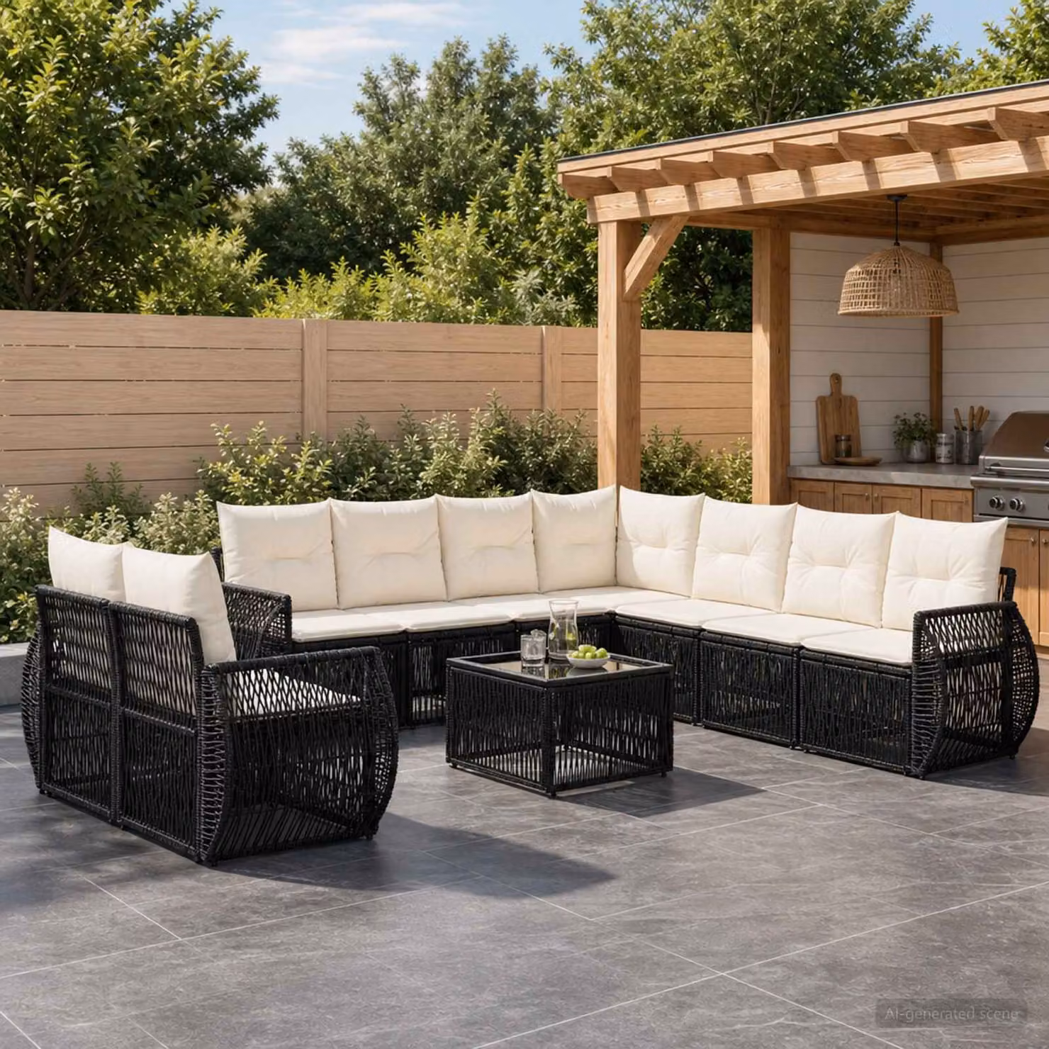 Set Divano da Giardino vidaXL 10 Pezzi a Forma di U in Polyrattan con Cuscini, Colore Nero e Bianco Crema