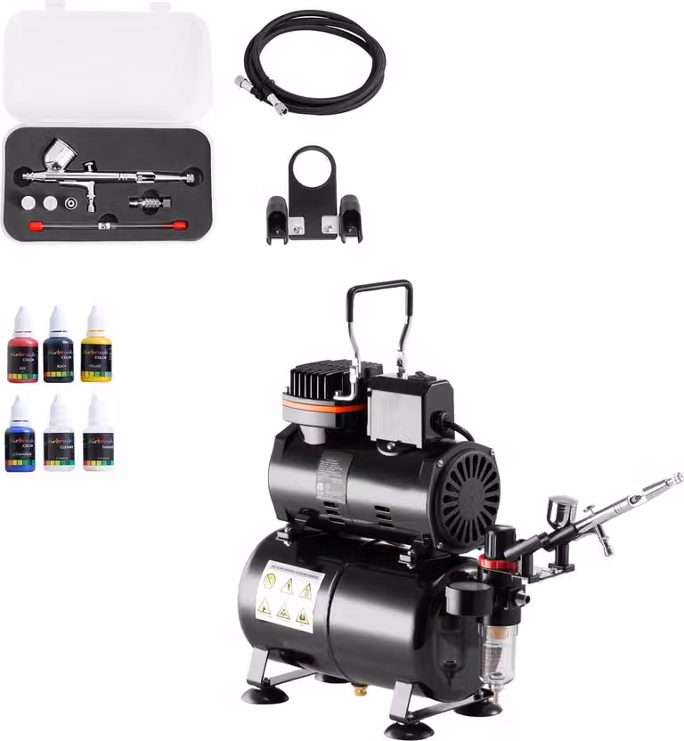 SucceBuy set aerografo 1/6 hp con compressore d'aria e serbatoio, pistola aerografo a doppia azione con tre ugelli (0,2/0,3/0,5 mm), tubo flessibile, colori acrilici e ventaglio, ideale per la decorazione di torte, la pittura di modelli e la decorazione d