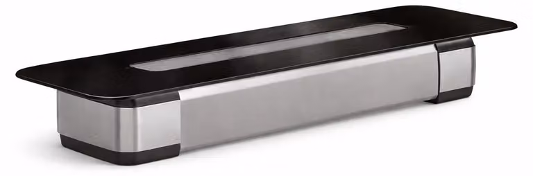 Elegante tavolo da conferenza con finitura nera lucida e base in acciaio inossidabile