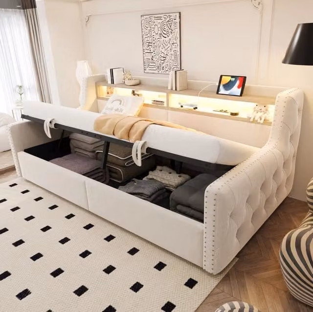 Divano letto imbottito 90 x 200 cm con contenitore idraulico; LED; USB e velluto beige
