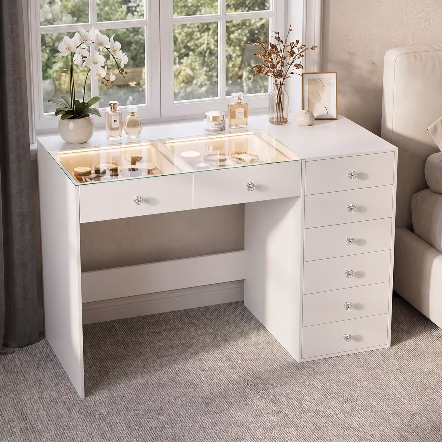 Tavolino da trucco VANITII con illuminazione LED, 8 cassetti, bianco, 120 x 55 x 81 cm
