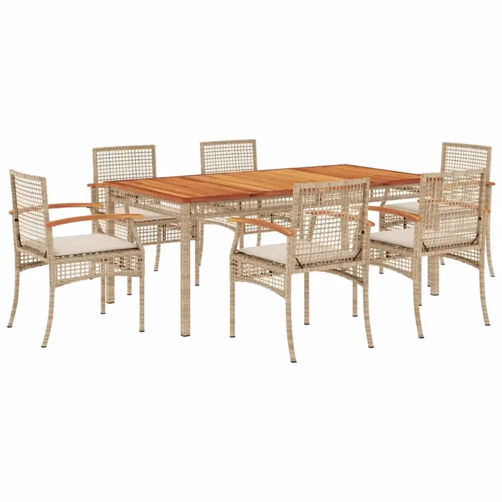 Set da pranzo da giardino vidaXL in legno di acacia e polyrattan con 7 pezzi e cuscini beige e bianchi – 2