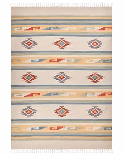 Beliani Tappeto Kilim Handwoevn in cotone Simboli geometrici reversibili con frange 200 x 300 cm Multicolore