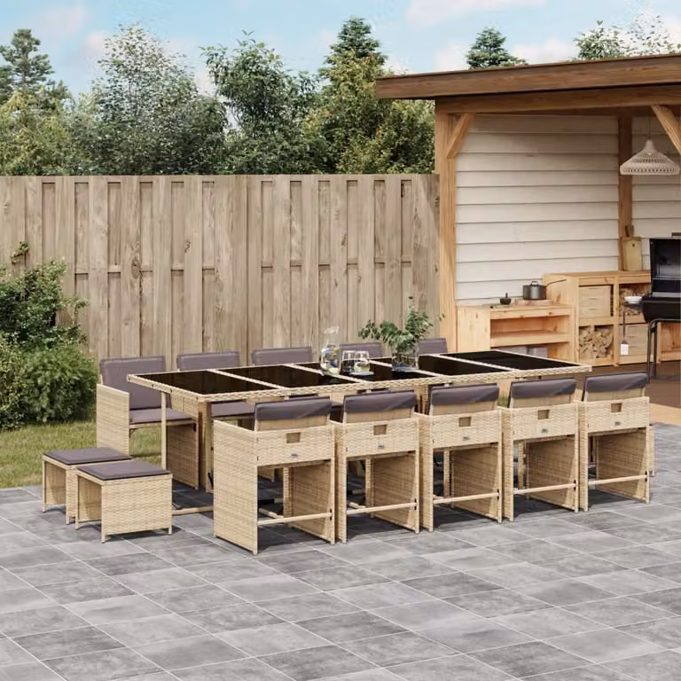vidaXL Set Pranzo da Giardino 15 pz in Polyrattan con Cuscini Beige Misto e Piano in Vetro