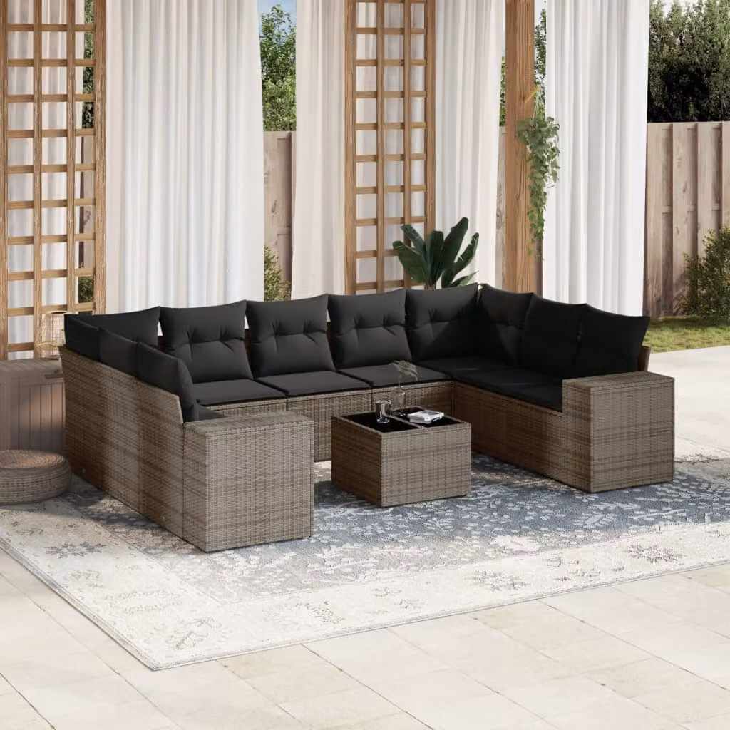 Set Divano da Giardino vidaXL 10 pz in Polyrattan Grigio con Cuscini e Tavolino – 1