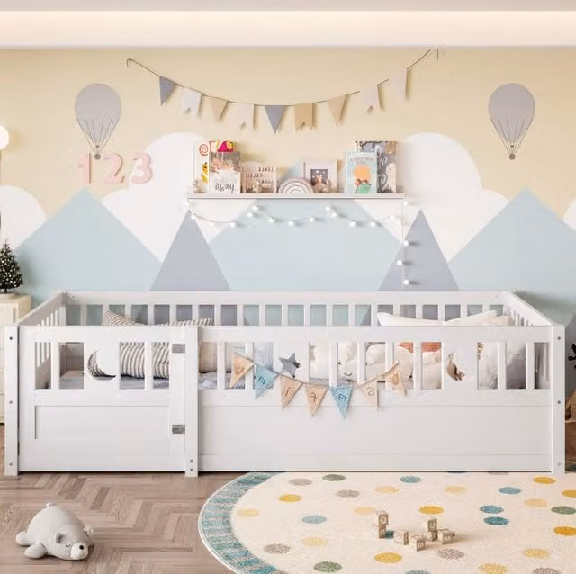 Letto singolo per bambini ULEVR 90x190 cm con sponde di sicurezza richiudibili, decorazioni stella e luna, bianco