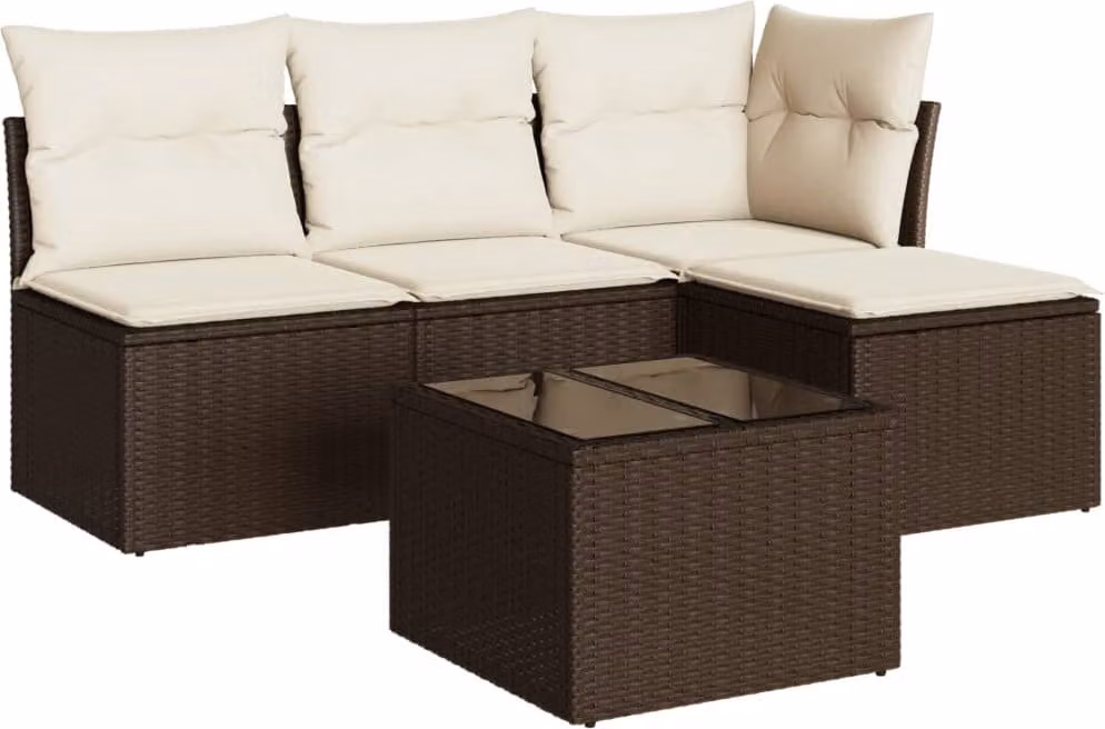 Set Divano da Giardino 5 pz con Cuscini Marrone in Polyrattan