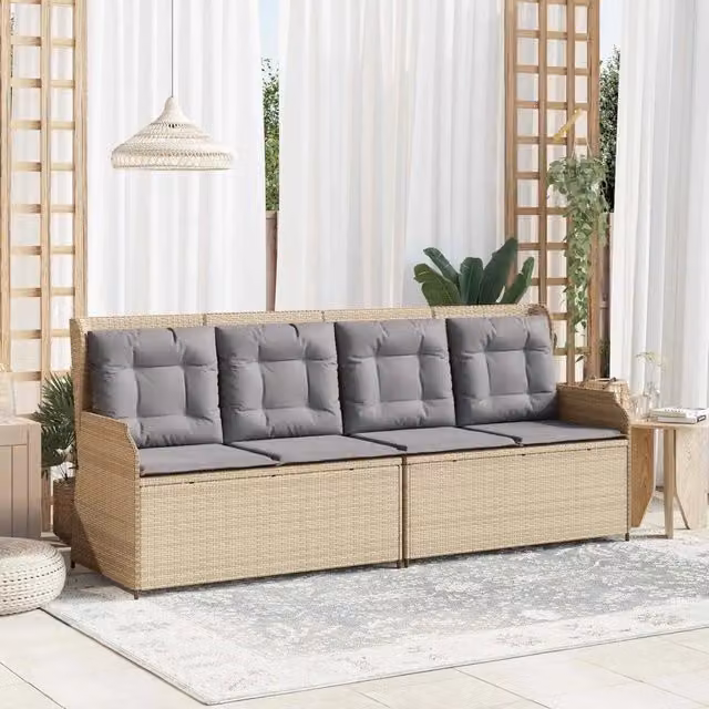 Panchina da giardino moderna vidaXL in rattan e metallo beige L: 220 cm, H: 95 cm, P: 67 cm