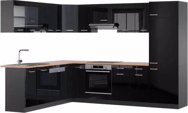 Cucina angolare moderna Vicco R-Line in nero lucido e antracite con dettagli in rovere, L: 287 cm, P: 60 cm, H: 206,8 cm – 1