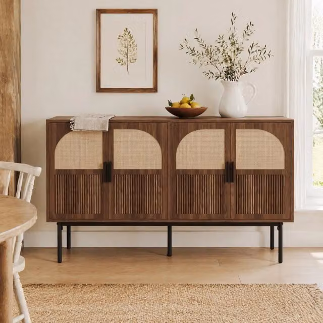 Credenza a 4 ante in MDF con effetto noce e rattan naturale per soggiorno o ingresso, L 140 x P 40 x H 80 cm