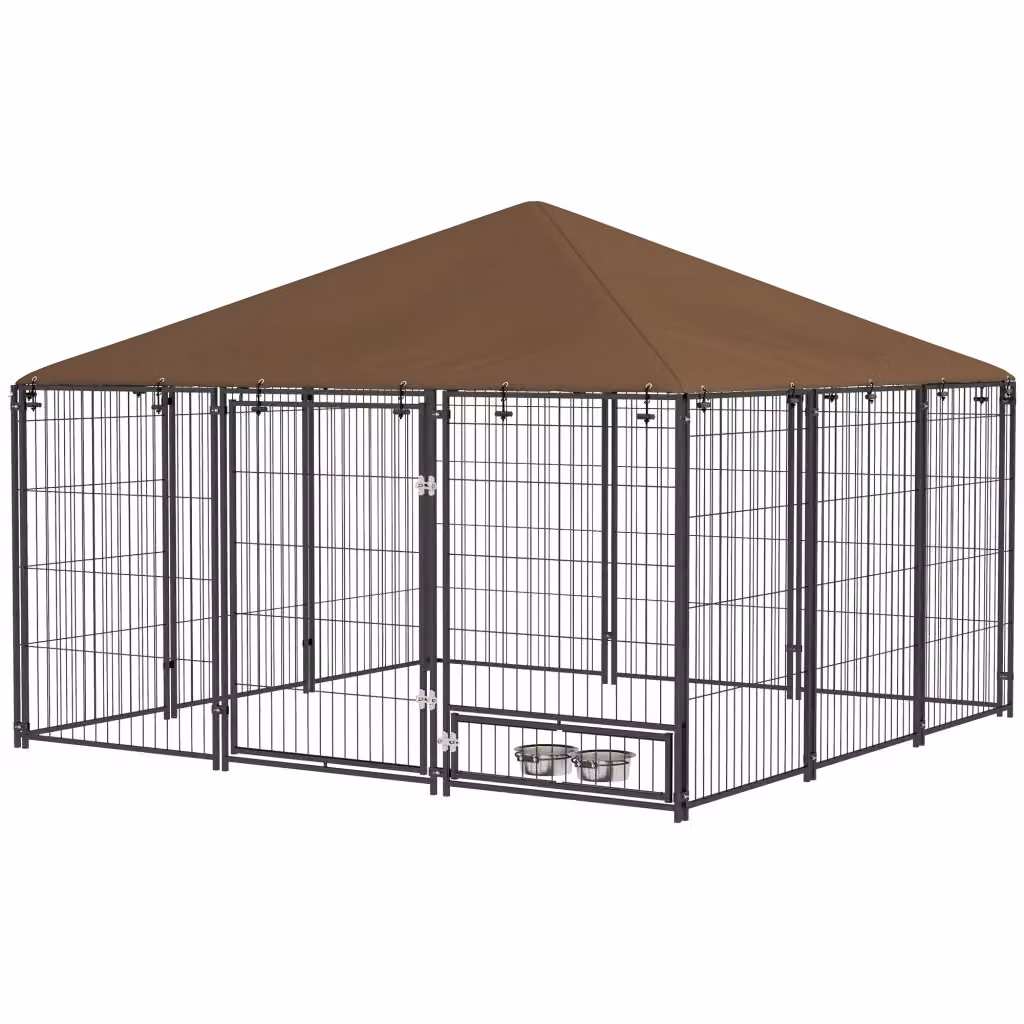 Cuccia per cani da esterno Xylo con tetto e ciotola in acciaio e tessuto Oxford nero e marrone L/P/H: 211 x 211 x 151 cm – 2