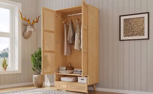 Armadio a 2 ante in stile scandinavo con asta appendiabiti e vano inferiore, beige, L: 90 cm, P: 45 cm, H: 183 cm