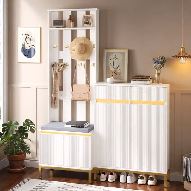 Set guardaroba con scarpiera; panca e luci LED in MDF e pannello truciolare bianco