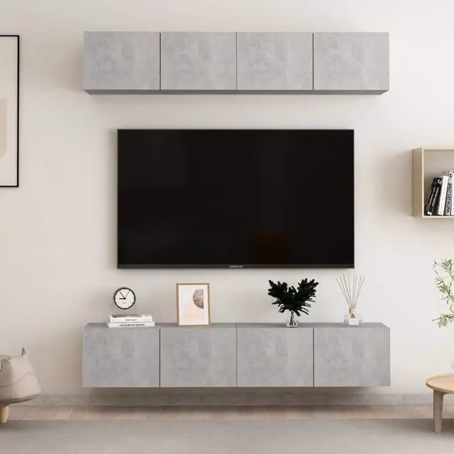Set di 4 mobili TV moderni vidaXL in legno multistrato grigio cemento, sospesi a parete, L 80 cm x P 30 cm x H 30 cm – 1
