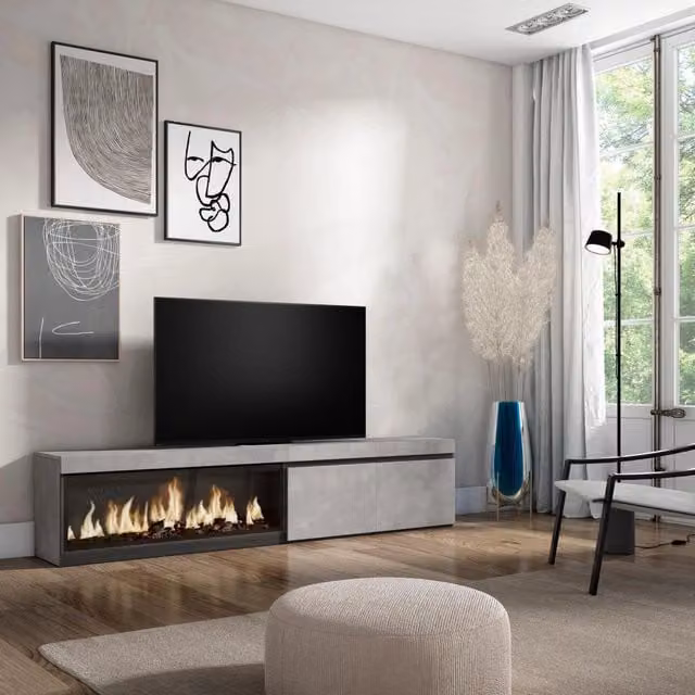 Mobile TV, Soggiorno, 208x35x45cm, Per TV fino a 80", Camino elettrico XXL, grigio cemento RF3204