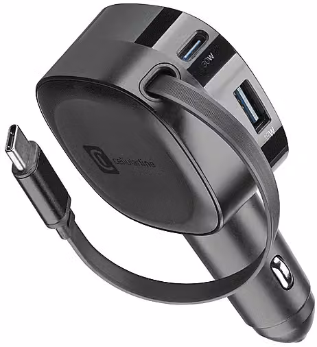 Caricabatteria da auto Cellularline Roller 60W con porte USB-C e USB-A, Nero