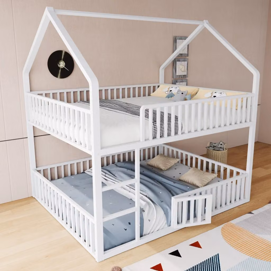 Letto a castello per bambini con tetto a casetta in metallo bianco, 3 posti, L/P/H: 200 x 140 x 145 cm – 2
