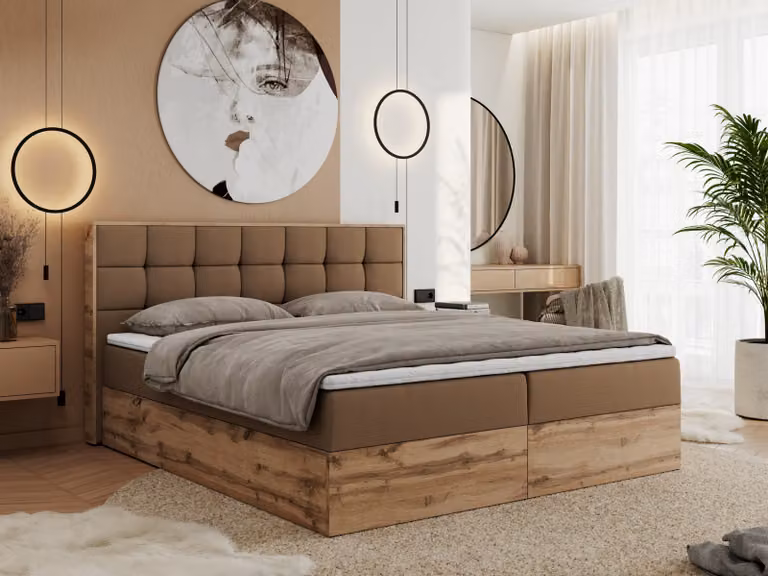 Letto con rete a molle MKS MEBLE, 120x200 cm, con contenitore in legno di quercia. Letto imbottito 120x200 cm con materasso H3. Letto 120x200 cm con testiera, legno di quercia "Wotan" - 120x200 - Ecopelle marrone - Albero-1