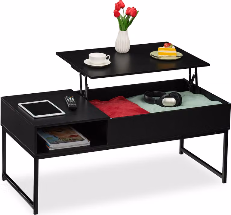 Tavolino da salotto pieghevole Relaxdays, L x P x A 45x110x50 cm, vano laterale, tavolino da salotto con vano portaoggetti, effetto legno e metallo, nero