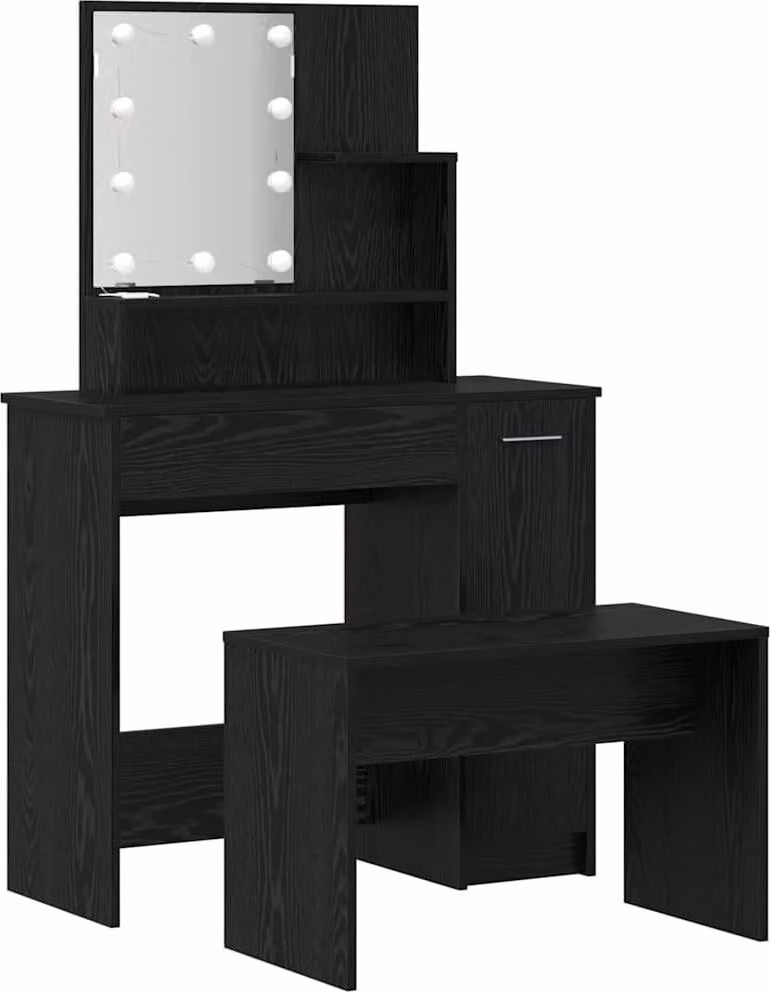 Set Tavolo da Trucco LED 2 pcs Rovere Nero Legno multistrato
