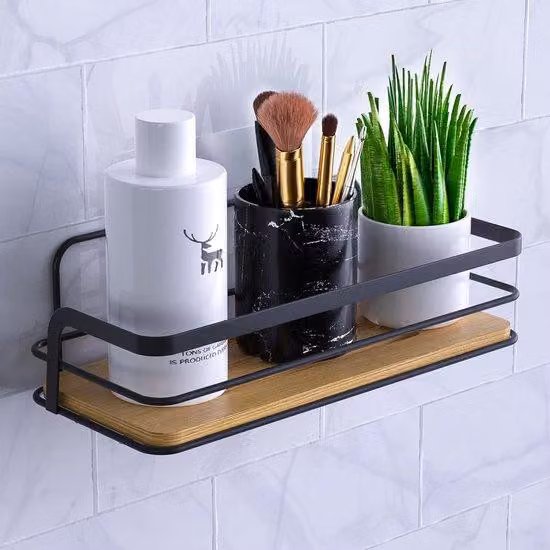Pannello per doccia in bambù e metallo, senza forature, nero, accessorio da bagno, autoadesivo, accessorio per doccia, organizer per doccia, pannelli da parete per bagno e soggiorno