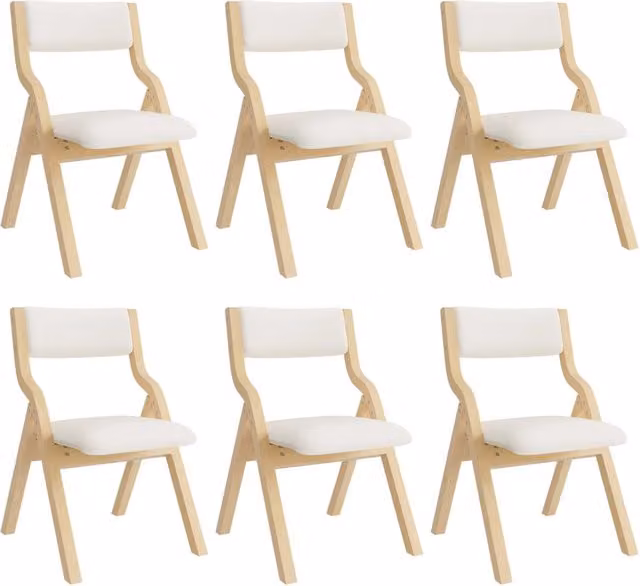 Set di 6 sedie pieghevoli in legno massello con rivestimento in lino beige, per sala da pranzo e ambiente moderno