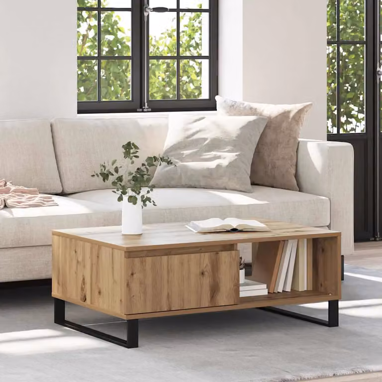 vidaXL Tavolino da salotto rettangolare in rovere marrone con base a slitta L: 90 cm, P: 60 cm, H: 35 cm