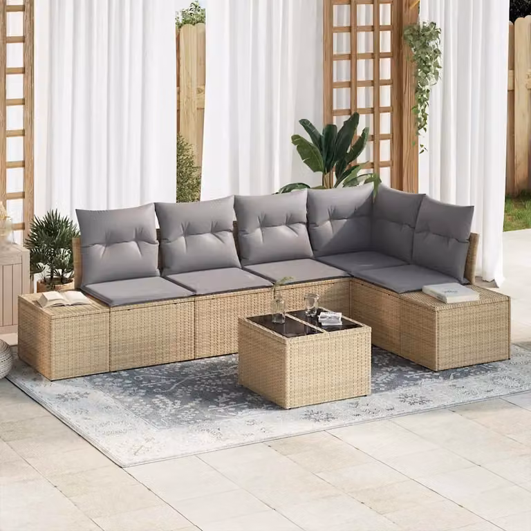 Set Divano da Giardino a L vidaXL 6 Pezzi Beige con Cuscini e Tavolino in Polyrattan e Acciaio