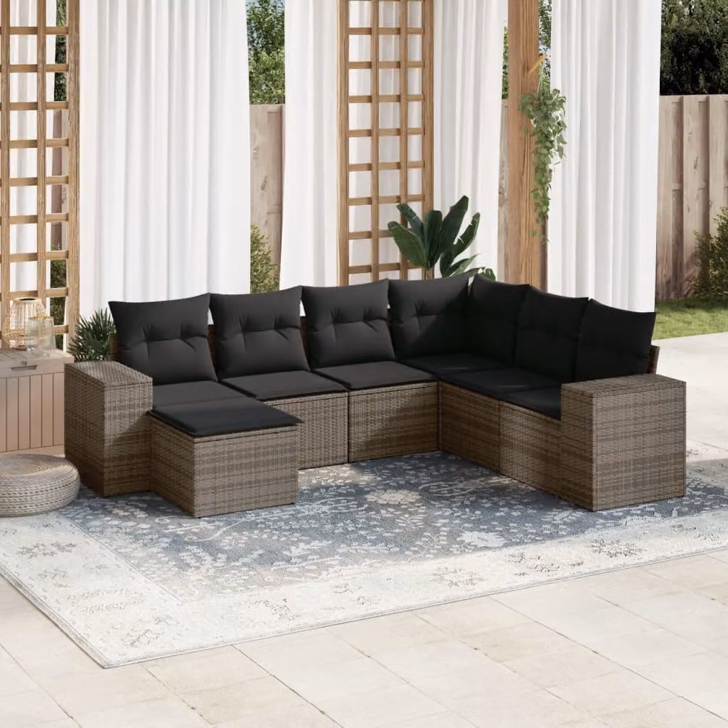 Set di divani da giardino vidaXL a forma di L composto da 7 pezzi con cuscini grigi in polyrattan e struttura in metallo – 1