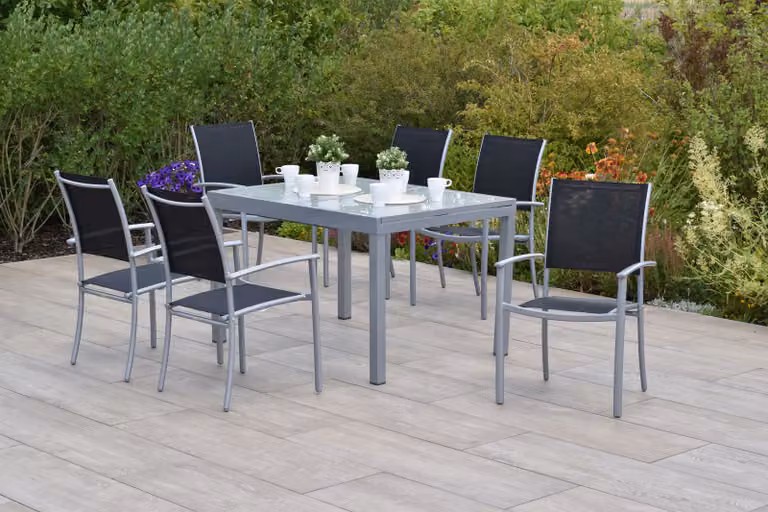 Set di mobili da giardino Merxx "Milano" da 7 pezzi con tavolo allungabile 120/180 x 90 cm - Struttura in alluminio argento con rivestimento in tessuto nero