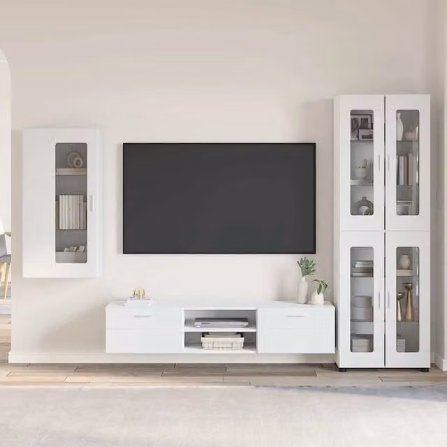 Set mobile TV moderno FLORIN vidaXL in 3 pezzi, Bianco e Legno, ideale per soggiorno, camera da letto o ufficio in casa – 1
