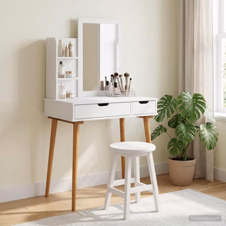 Set Tavolo da Trucco vidaXL FAUSKE 3 pz Bianco L: 76 cm, P: 50 cm, H: 143 cm