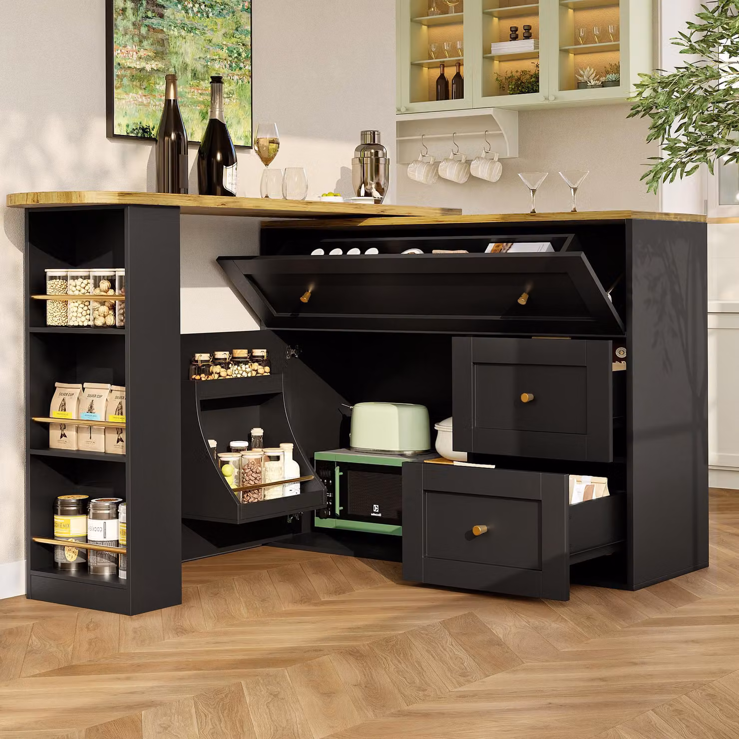 MODFU tavolo da bar con spazio di archiviazione, mobile da cucina con tavolo telescopico, tavolo da soggiorno, isola da cucina con ripiano per snack, nero